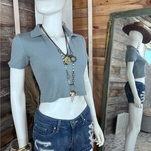 Zara Ribbed Collared Split Neck Crop Top Steel Gray Large